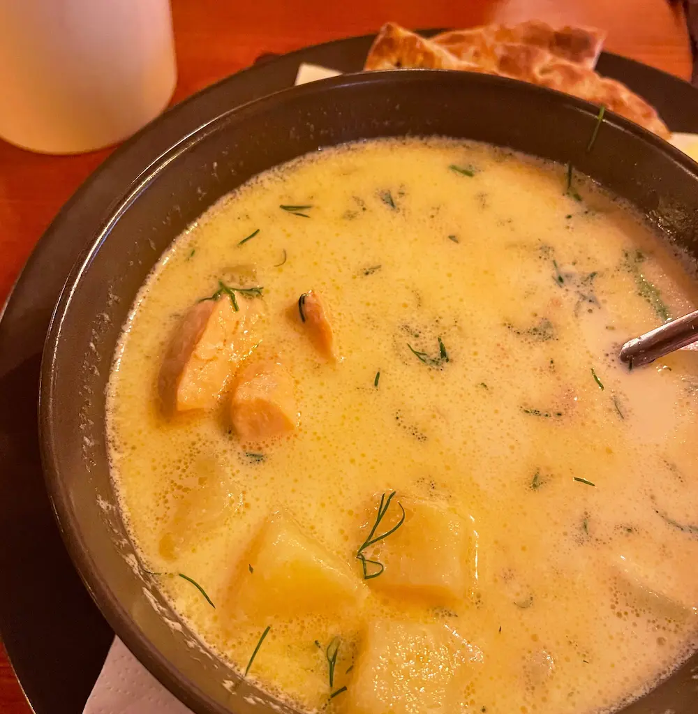 Creamy salmon soup, traditional for Lapland, Finland