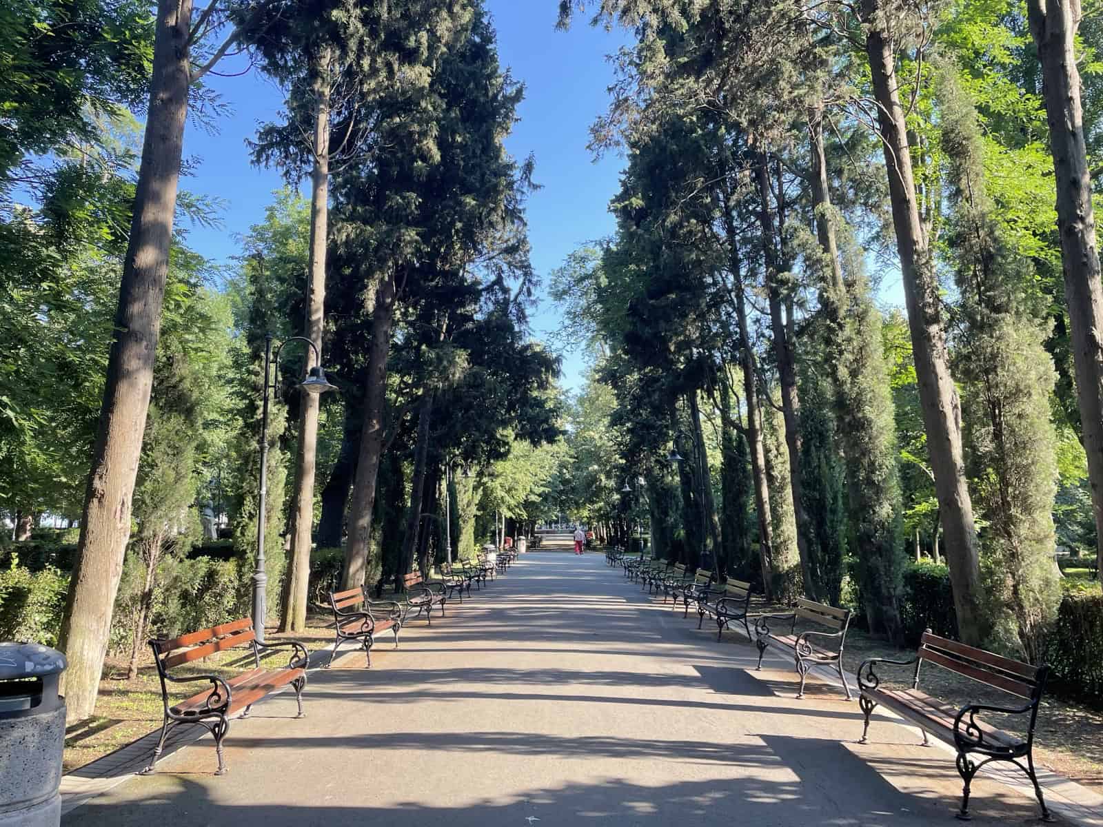 A long alley with tree and benches on the sides in the Sea Garden of Burgas