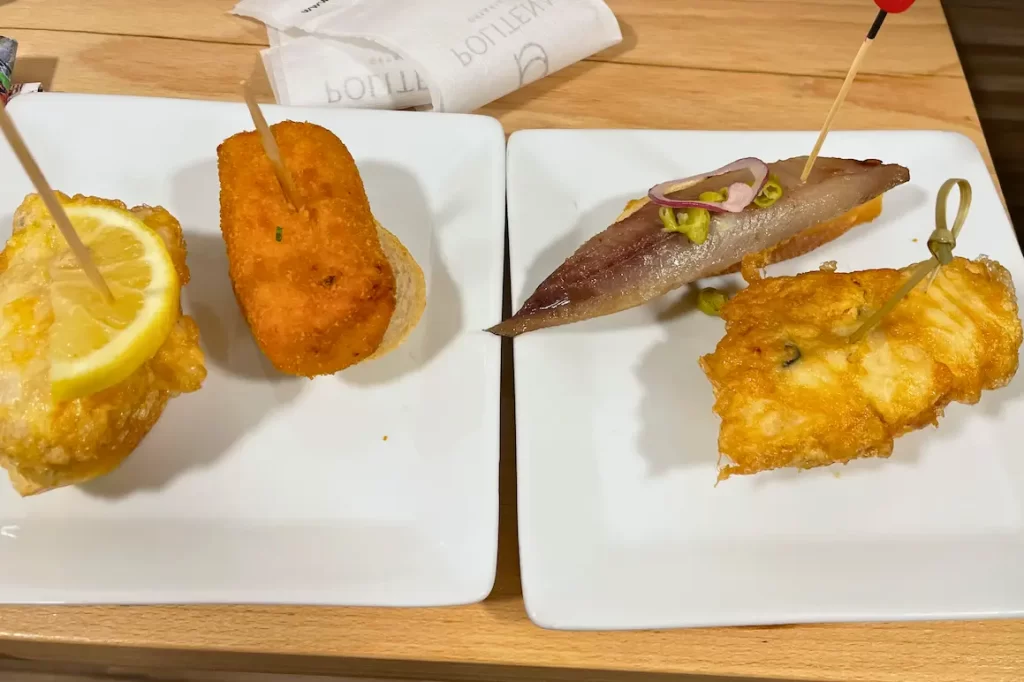 Pintxos with cheese croquets / anchovies / fried cod, San Sebastián, Spain