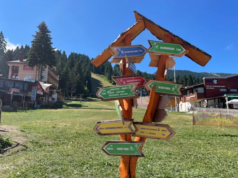 Signpost for different hikes from Borovets Rila